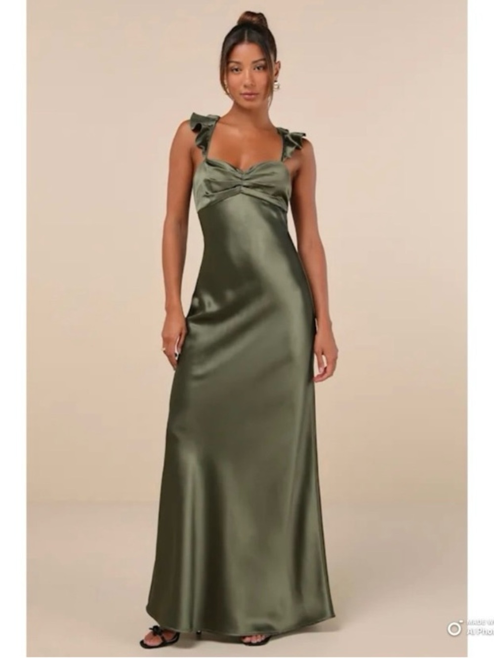 Lulus Medium Exuberant Luxury Olive Green Satin Ruffled Lace-Up Maxi Dress NWT
